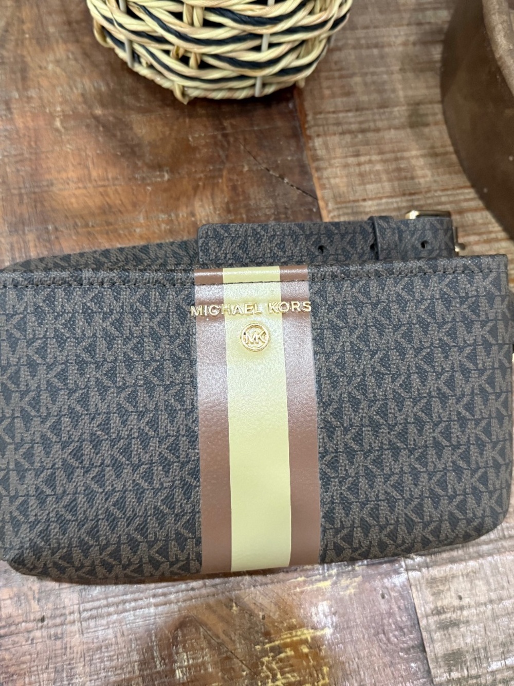 Michael Kors Women's Brown Belt Bag Brown/Tan Striped MK Jet Logo NWT
